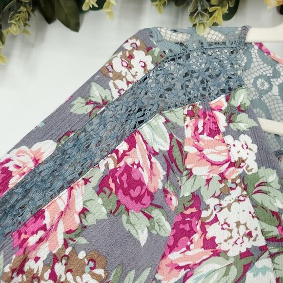 Umgee Gray and Pink Floral Long Sleeve Tunic Dress Small - Picture 9 of 12
